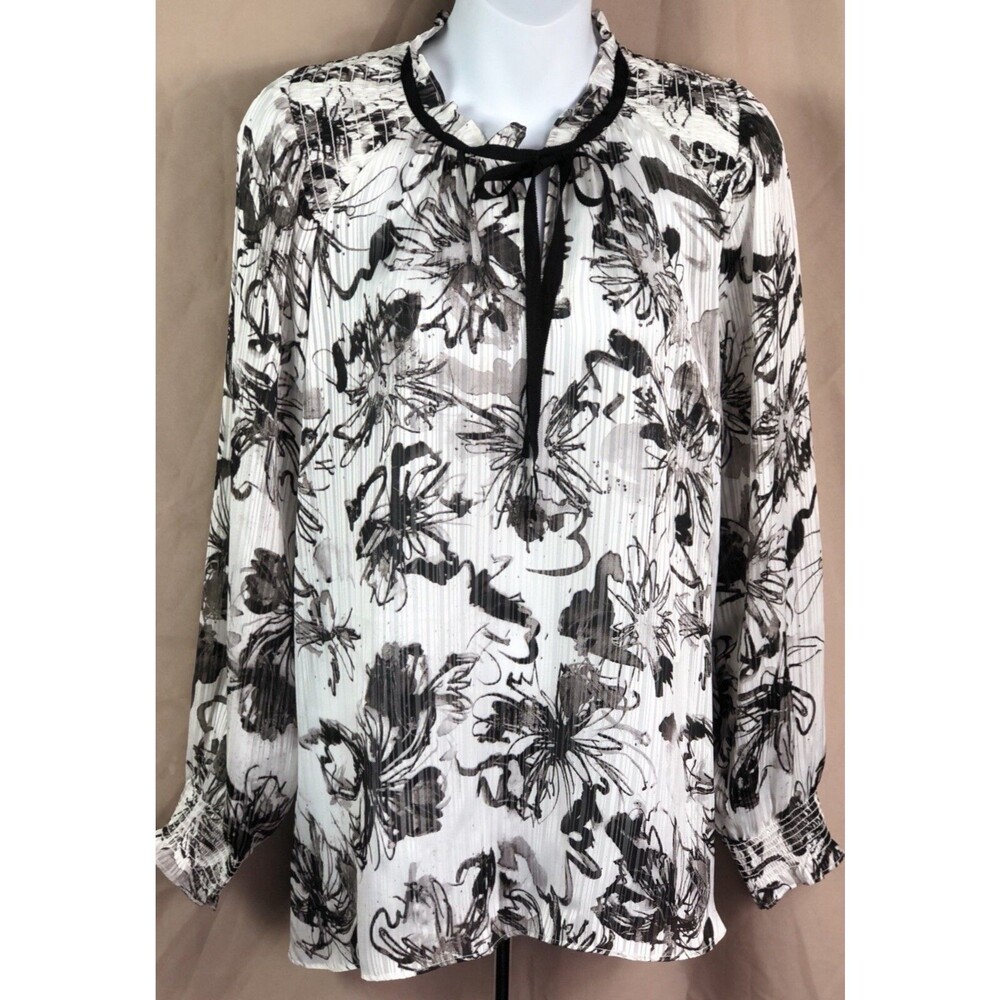 Vera Wang Gauzy top L ivory blk Floral keyhole Bow ruffles Coquette Boho Dainty